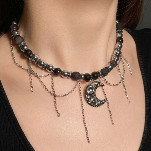 Колье из обсидиана серебристого с геметином