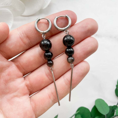 Серьги из обсидиана серебристого